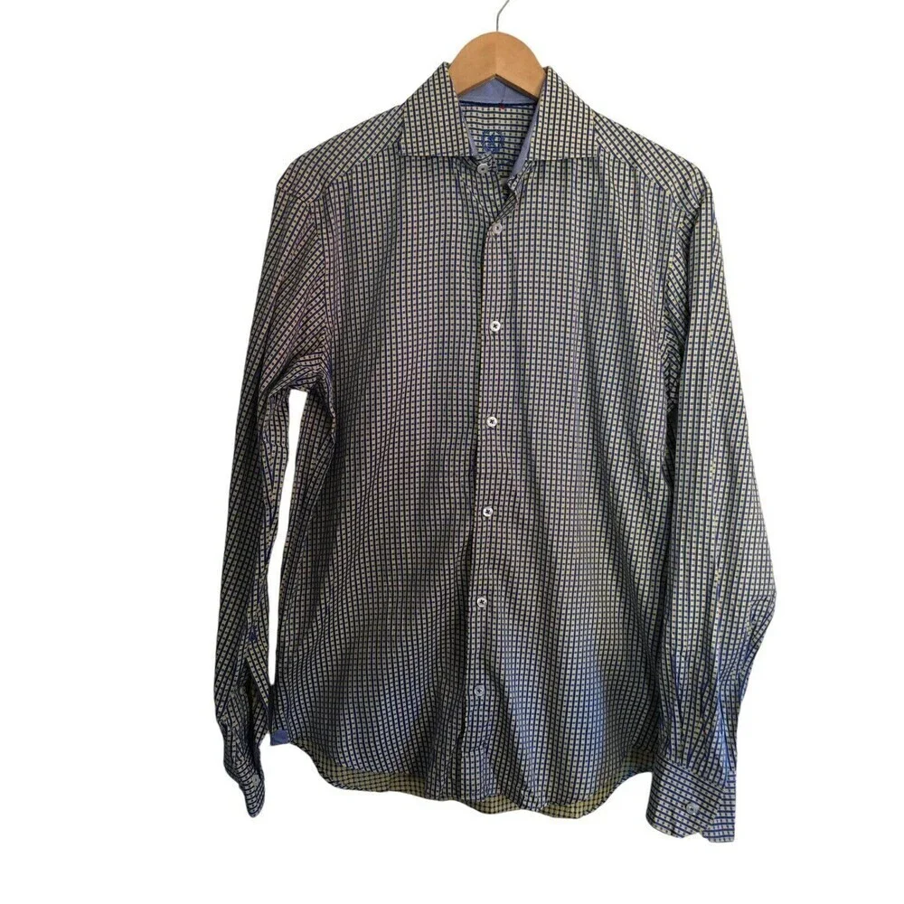 Bugatchi Vomo Dress Shirt Men's Size 15 34/25 Yellow Blue Long Sleeve